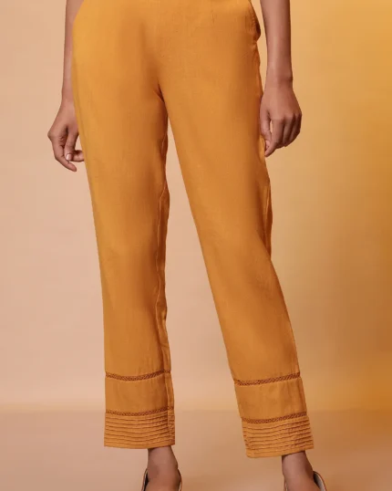 Mustard Lace Insert Pintuck Trousers